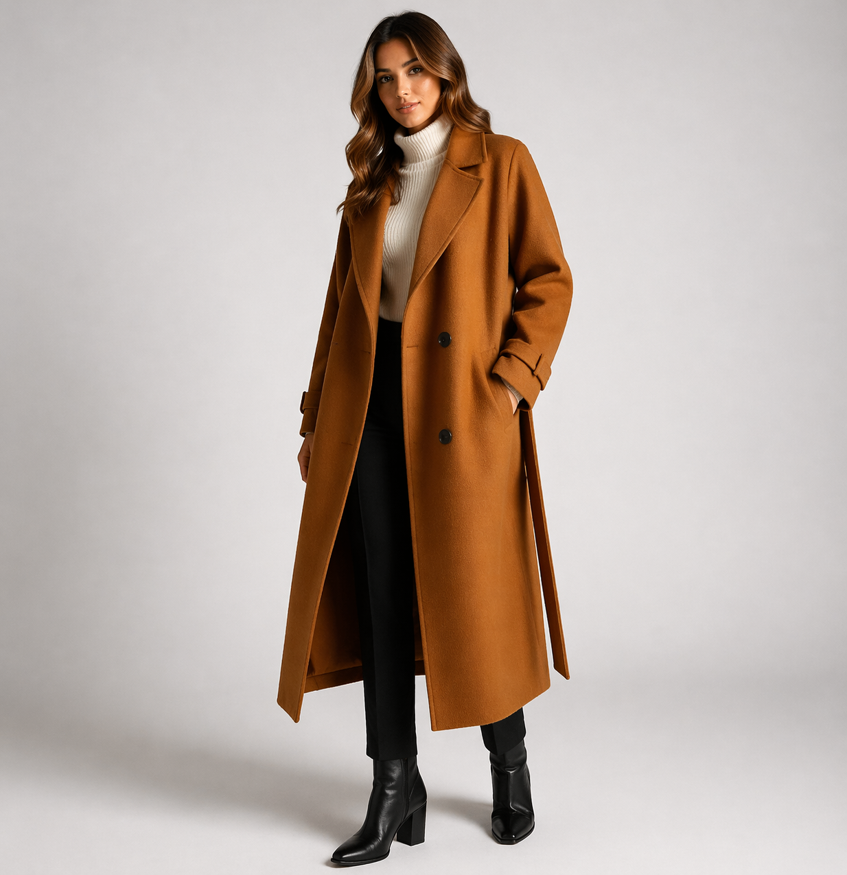 Lumina Wear Cecilia double-breasted wool blend overcoat with notched lapel, stylish and elegant for cold weather.