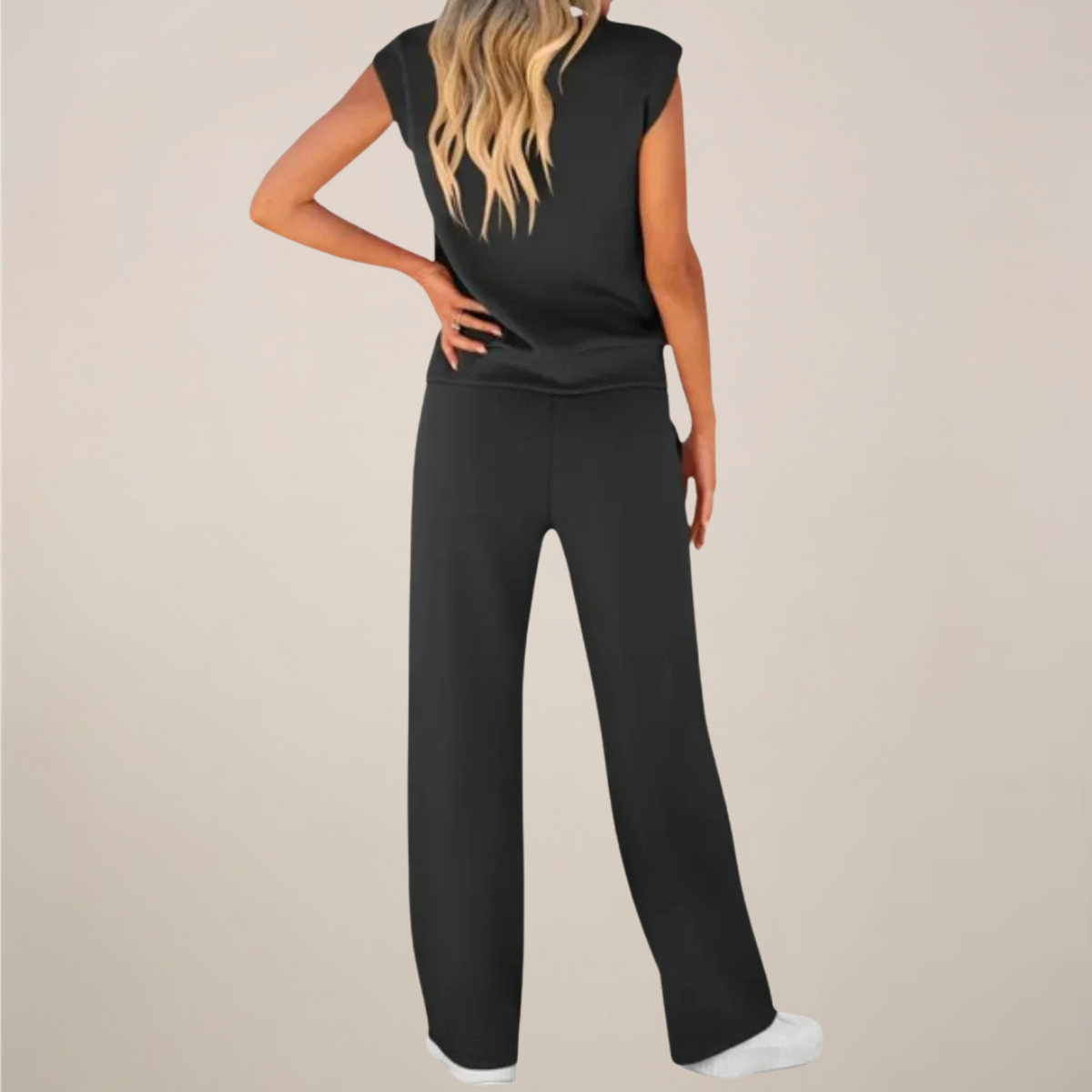 Relaxed fit Charlotte women's two-piece pants set with drawstring waist from Lumina Wear, styled on a model.