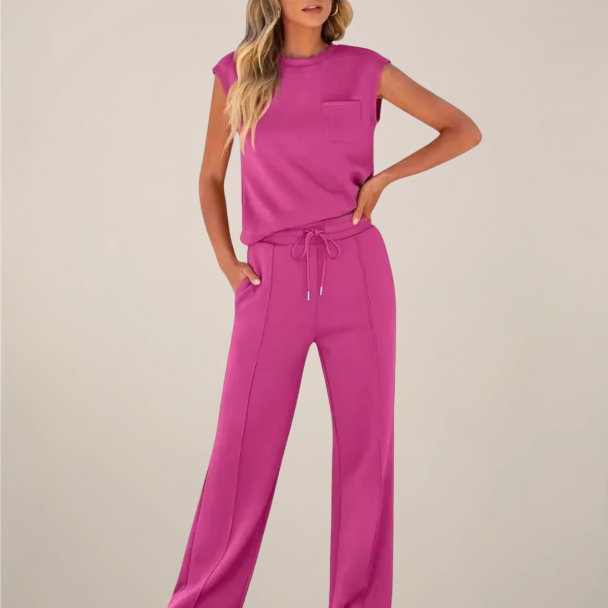 Lumina Wear Charlotte relaxed fit two-piece pants set for women with drawstring waist, comfortable and stylish casual outfit.