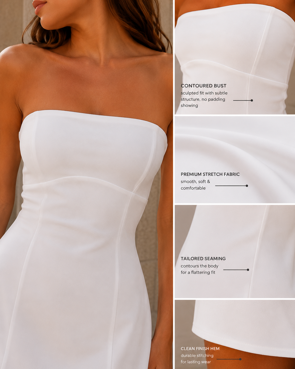 Lumina Wear Nova strapless mini dress bodice with sleek, fitted design and smooth fabric for a stylish, modern look.