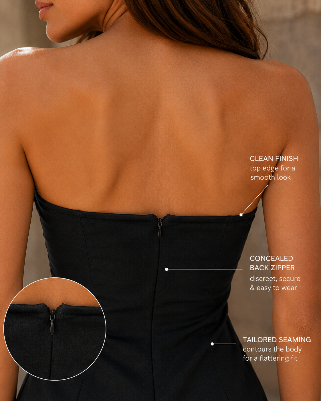 Lumina Wear Nova strapless mini dress bodice featuring sleek design and fitted silhouette, perfect for stylish evening wear.