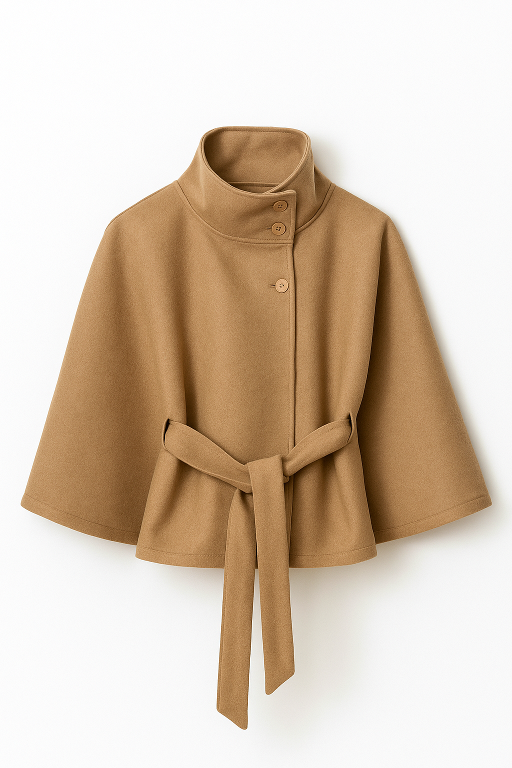 Lumina Wear Chloe elegant high-neck camel cape coat for women, stylish jacket with a sophisticated design and tailored fit.