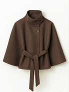 Lumina Wear Chloe high-neck camel cape coat for women, stylish jacket with elegant design and tailored fit.