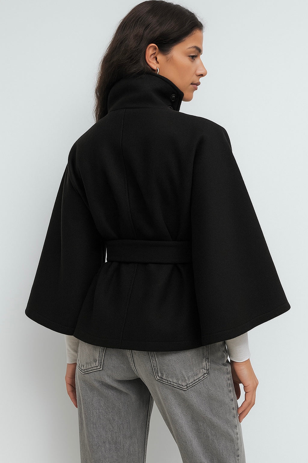 Lumina Wear Chloe elegant high-neck camel cape coat for women, stylish jacket with a sophisticated design and tailored fit.