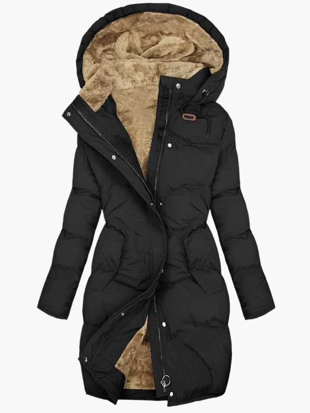 Lumina Wear Chloe elegant quilted hooded winter coat with a tailored fit, perfect for stylish cold-weather wear.