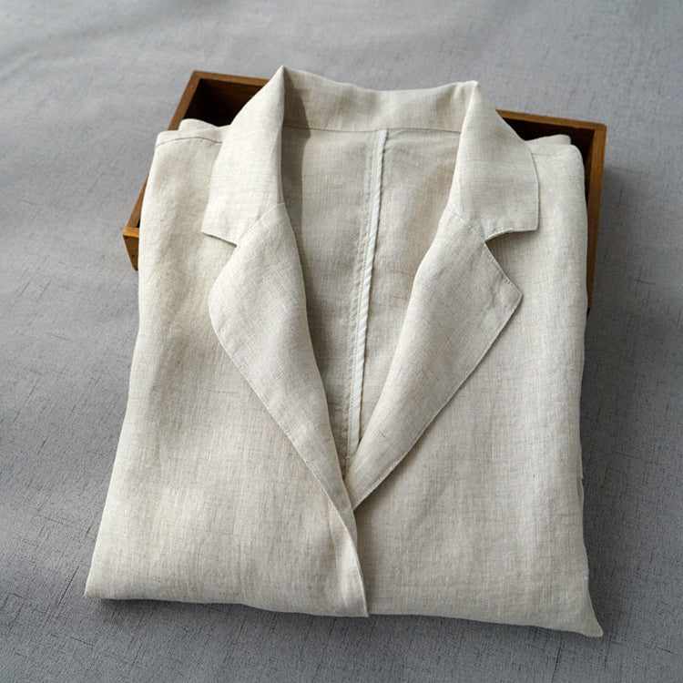 Lumina Wear women's relaxed fit linen blend blazer with structured lapel, beige color, tailored design, and front pockets.