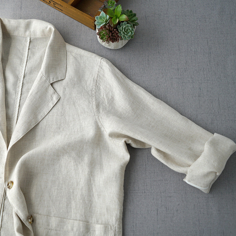Lumina Wear women's relaxed fit linen blend blazer with structured lapel, tailored for a sophisticated look.