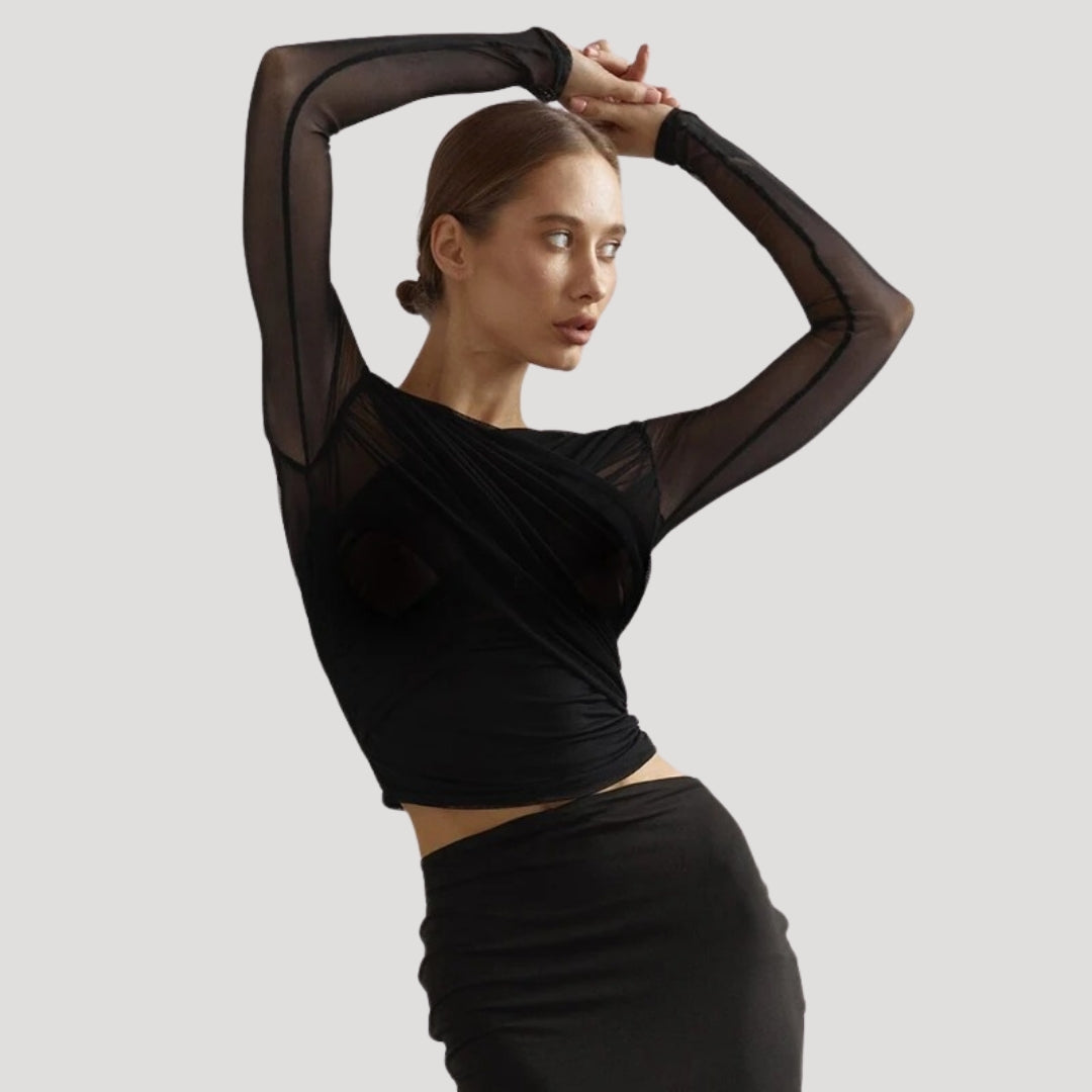 Elegant sheer wrap blouse by Lumina Wear featuring a flattering fit and stylish design, perfect for sophisticated fashion.