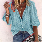 Brightly colored printed casual blouse with button front, women's top by Lumina Wear, featuring a vibrant and comfortable design.