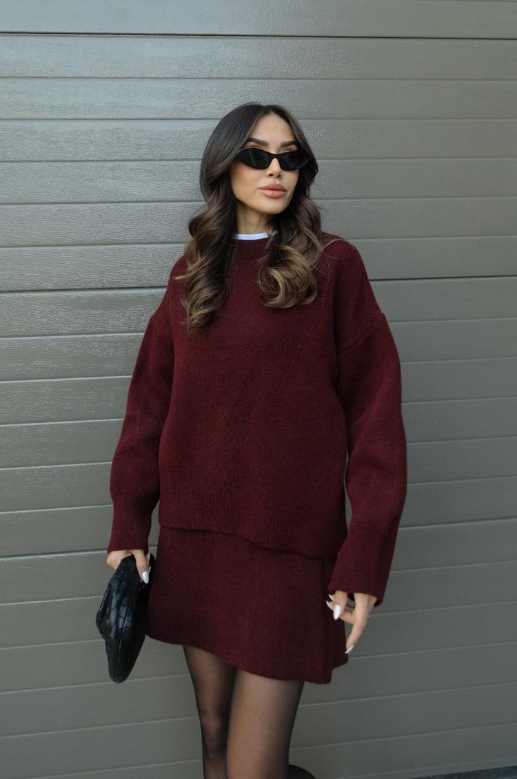 Lumina Wear Clara cozy knit sweater set with matching mini skirt, stylish women's set in soft, textured fabric.