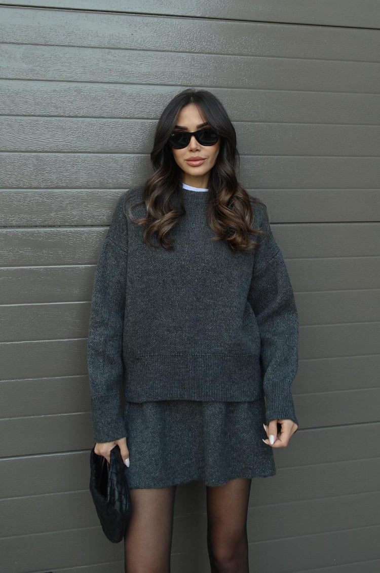 Lumina Wear women's cozy knit sweater set with matching mini skirt, stylish and comfortable outfit for casual wear.