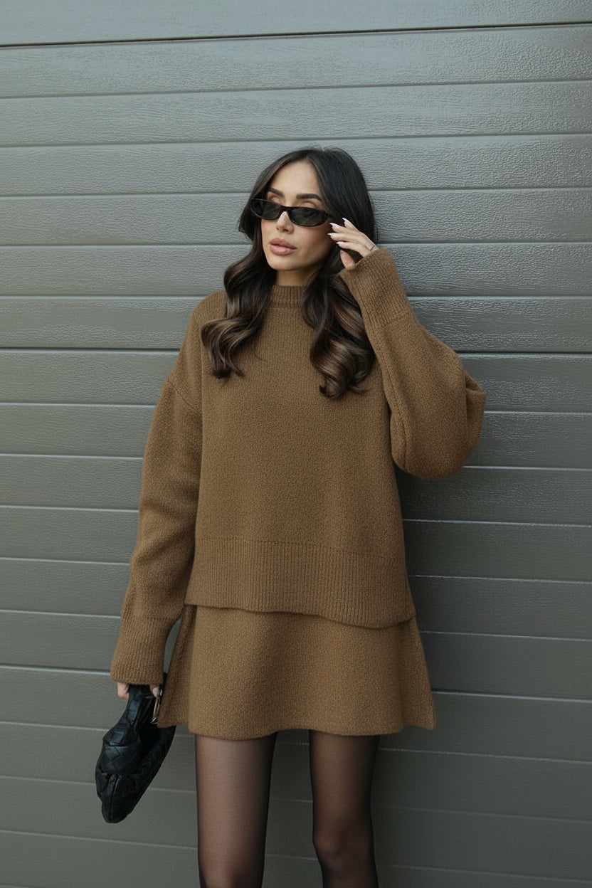 Lumina Wear Clara cozy knit sweater set with matching mini skirt, stylish women's fashion ensemble, front view.