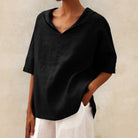 Light gray Lumina Wear Clara relaxed fit V-neck top with short sleeves and simple, effortless style.