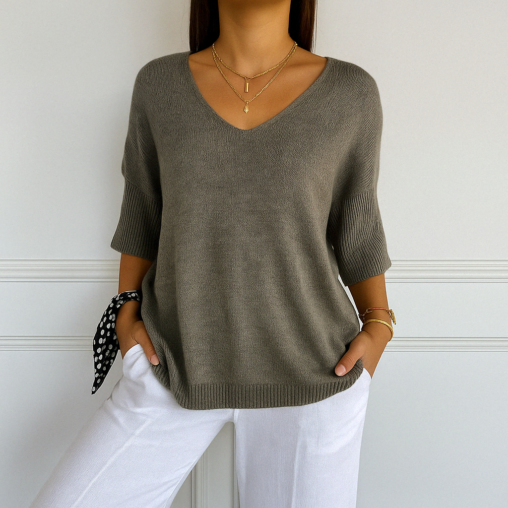 Lumina Wear Clara relaxed V-neck women's sweater with minimalist design, soft knit fabric and casual fit.