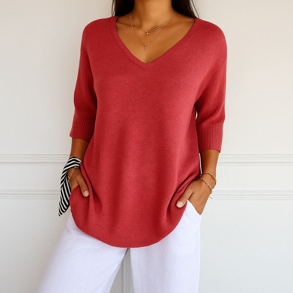 Lumina Wear Clara relaxed V-neck women's sweater featuring a minimalist design, soft knit fabric, and casual fit.