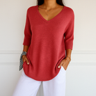 Lumina Wear Clara relaxed V-neck women's sweater featuring a minimalist design, soft knit fabric, and casual fit.