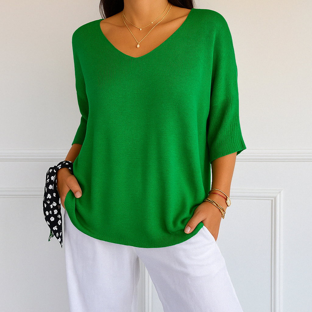 Light beige Lumina Wear Clara relaxed V-neck women's sweater with minimalist design, soft knit fabric and casual fit.