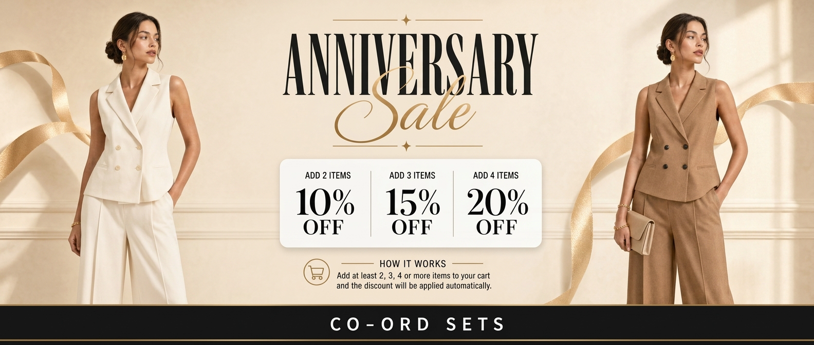 Promotional banner for an anniversary sale with two women in suits and discount information.