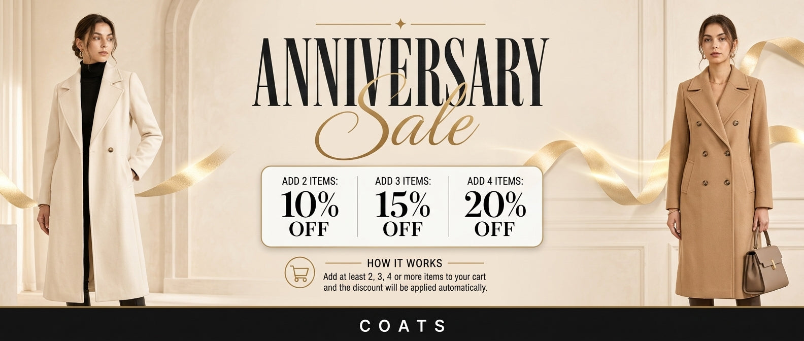 Promotional banner for an anniversary sale on coats with two models and discount information.