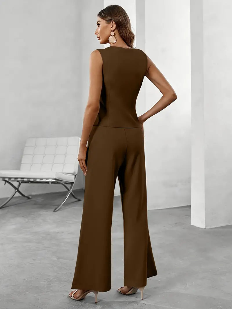 Daisy Lumina women's tailored spring vest and pant suit set with button details, featuring a stylish and fitted design.