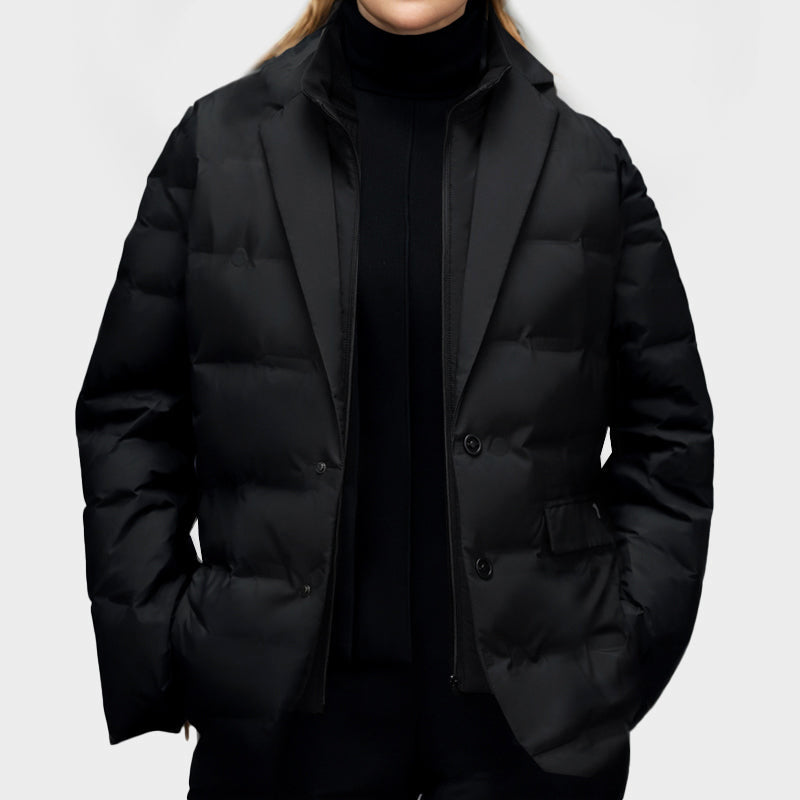 Lumina Wear Elena women's lightweight water-resistant windbreaker with cozy insulation, shown in a stylish outdoor setting.