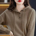 Lumina Wear Elise cozy v-neck hooded sweater with button details, soft knit fabric and casual style for comfortable everyday wear.
