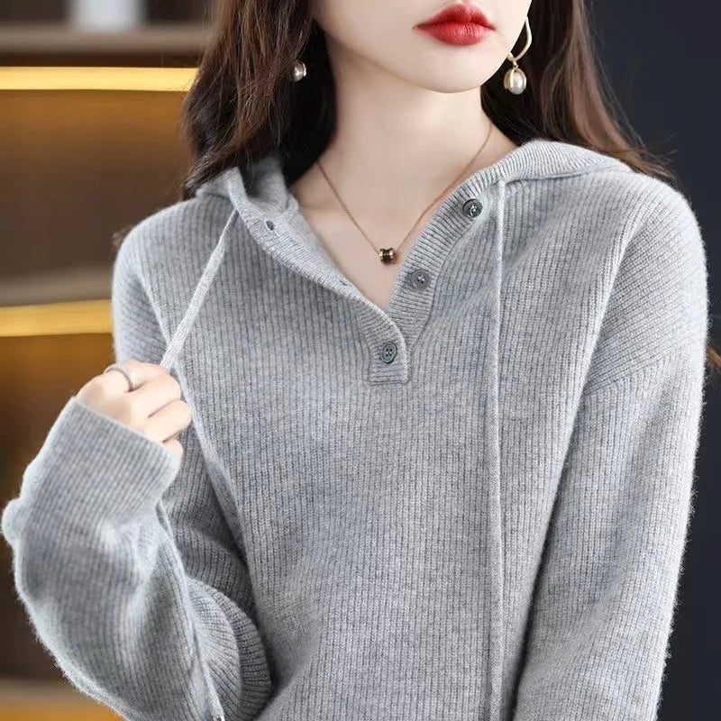 Lumina Wear Elise cozy v-neck hooded sweater with button details, soft knit fabric, and relaxed fit for comfortable casual wear.