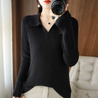 Lumina Wear Elise elegant V-neck knit pullover sweater with plush textured fabric, showcasing a cozy and stylish design.