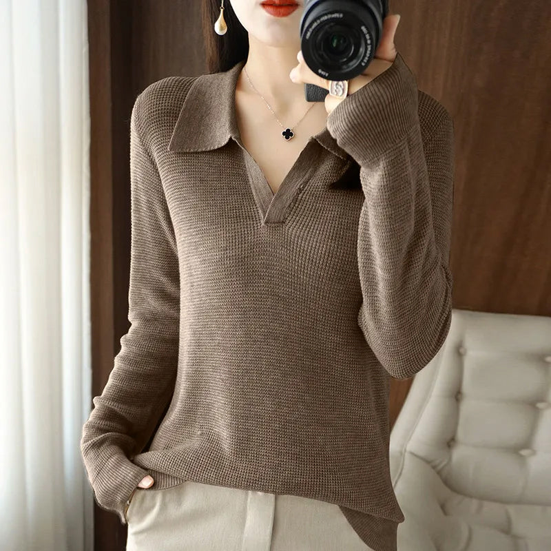 Lumina Wear Elise elegant V-neck knit pullover sweater featuring plush textured fabric on a neutral background.