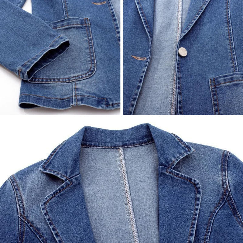 Light wash denim jacket by Lumina Wear featuring an elegant profile, styled with a classic collar and button front.