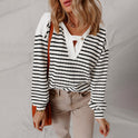 Lumina Wear Elise soft striped textured V-neck sweater with buttoned strap, cozy knit design, and stylish detail.