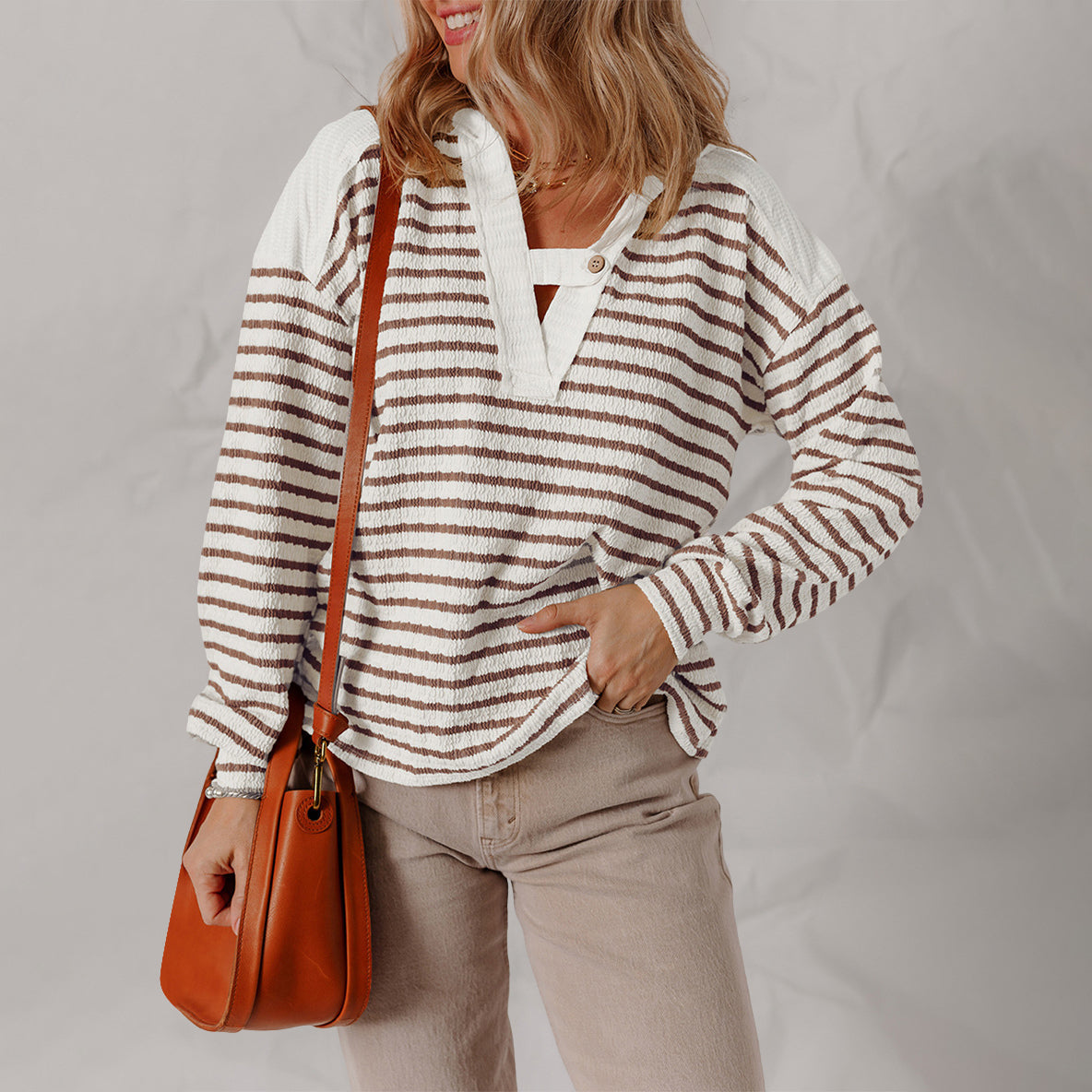 Lumina Wear Elise soft striped textured V-neck sweater with buttoned strap, stylish knit top for casual wear