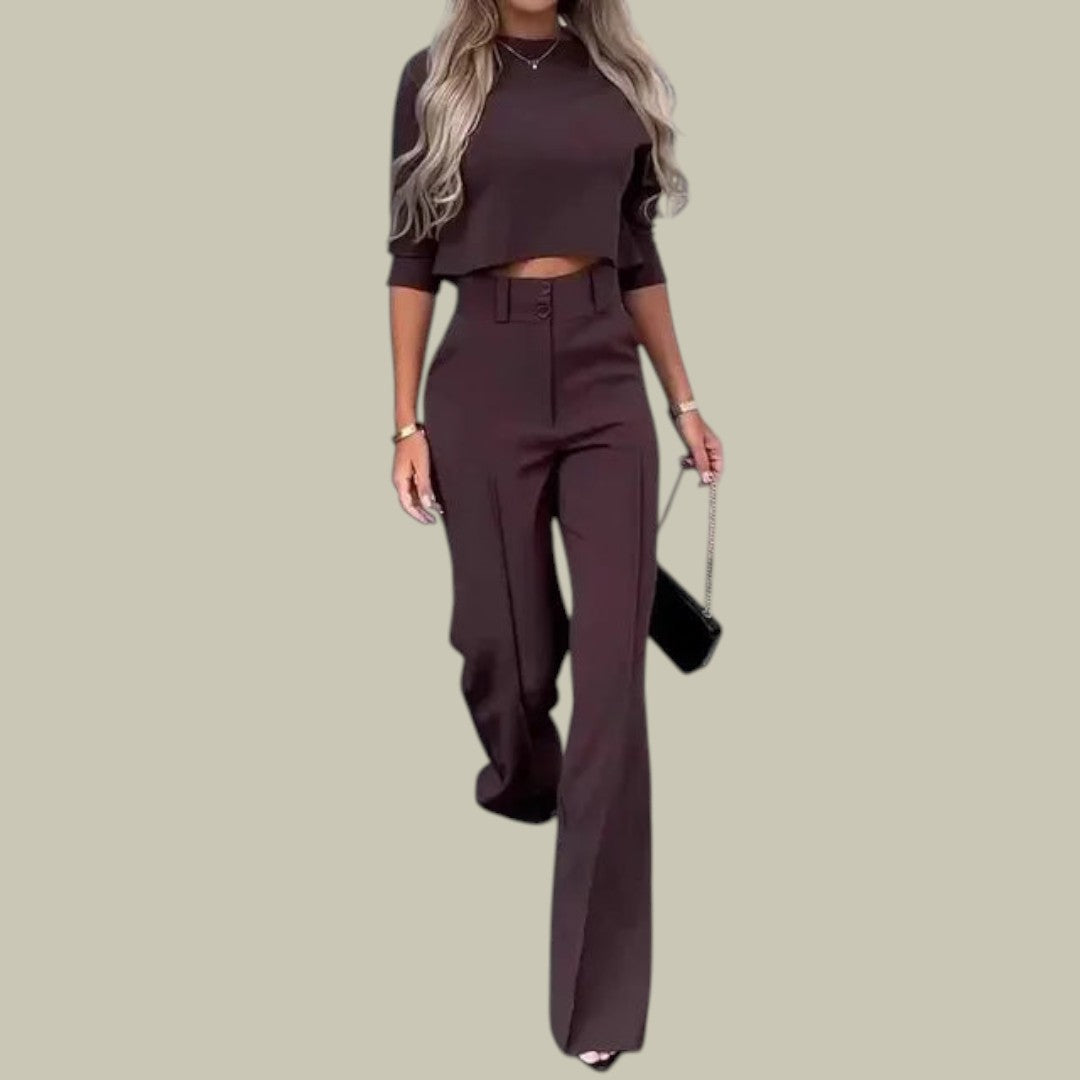Lumina Wear Ella chic cropped top and tailored trousers two-piece set, stylish and modern outfit for casual or semi-formal wear.