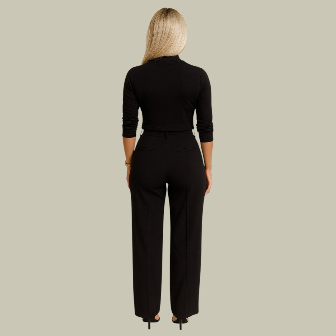 Lumina Wear Ella chic cropped top and tailored trousers two-piece set displayed on a model, stylish and modern outfit.