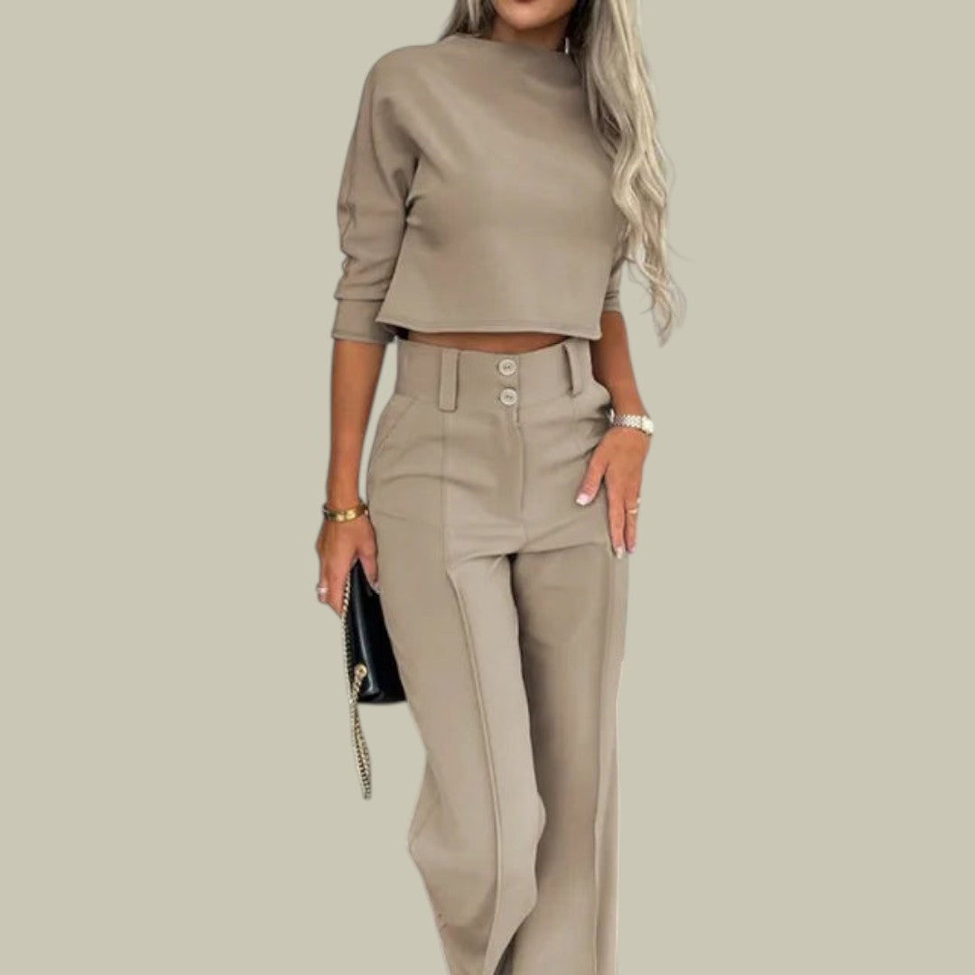Lumina Wear Ella chic cropped top and tailored trousers two-piece set, stylish outfit for modern fashion.
