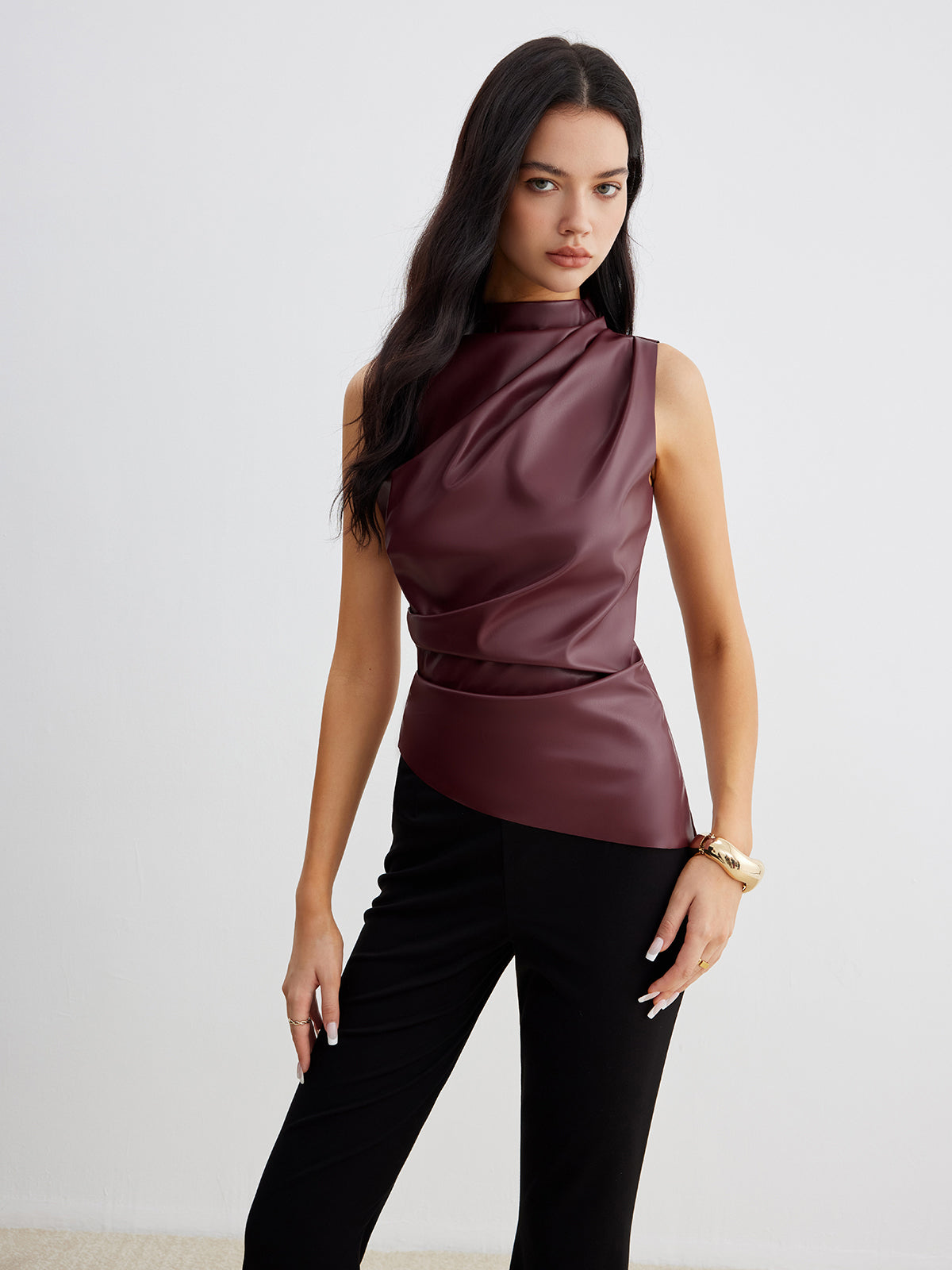 Ella Lumina Wear sleeveless high neck tank top for women, showcasing a chic, fitted design in a neutral color.