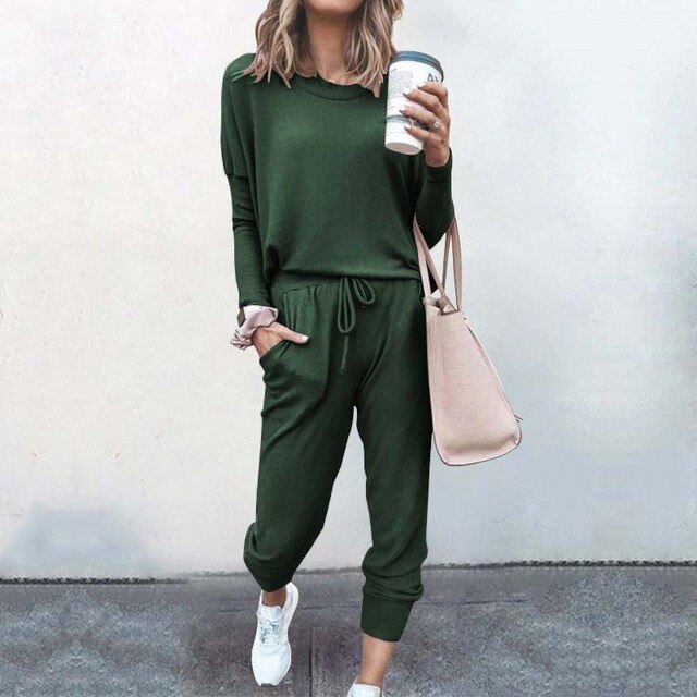 Emma women's cozy matching lounge set with long sleeve top and joggers from Lumina Wear, soft and comfortable for relaxing.