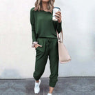 Emma women's cozy matching lounge set with long sleeve top and joggers from Lumina Wear, soft and comfortable for relaxing.