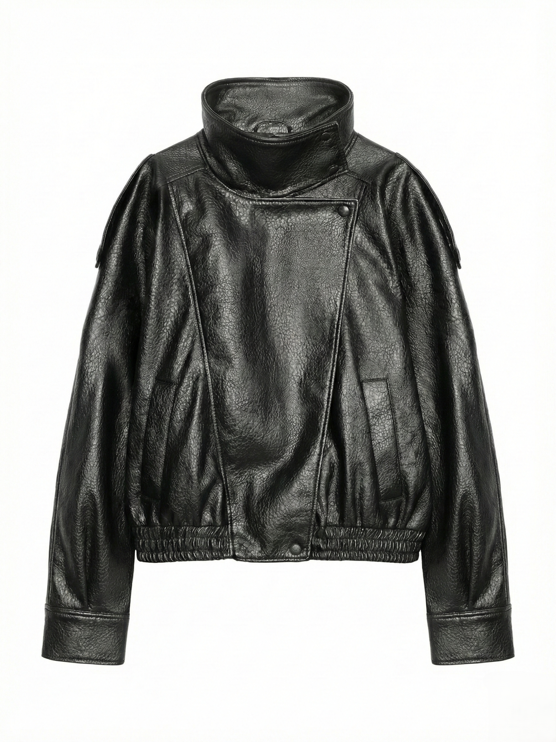 Lumina Wear Felicia oversized high-neck faux leather jacket for women, structured design with bold style and sleek black finish.