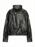 Lumina Wear Felicia oversized structured high-neck faux leather jacket with a sleek design and bold collar detail.