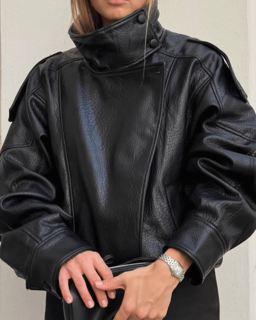 Lumina Wear Felicia oversized high-neck faux leather jacket for women, structured design with a bold high-neck style.