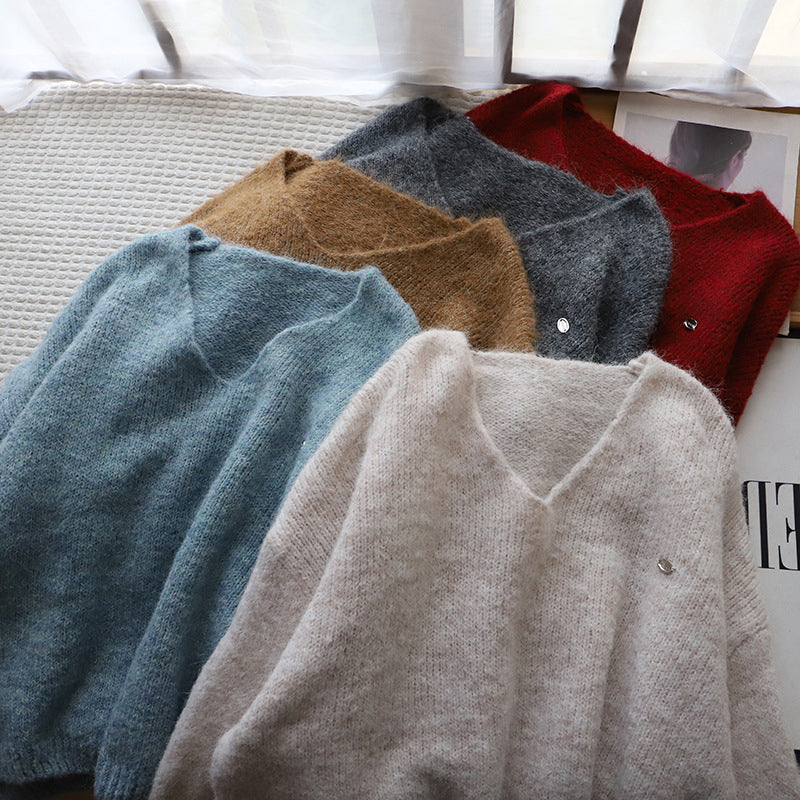 Soft draped vintage V-neck sweater by Lumina Wear featuring a comfortable fit and cozy knit fabric.