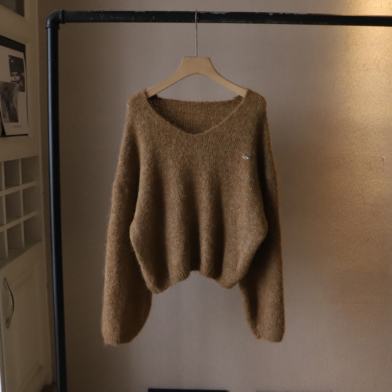 Lumina Wear Fiorentina soft draped vintage V-neck sweater with a comfortable fit, shown in a cozy, relaxed style.