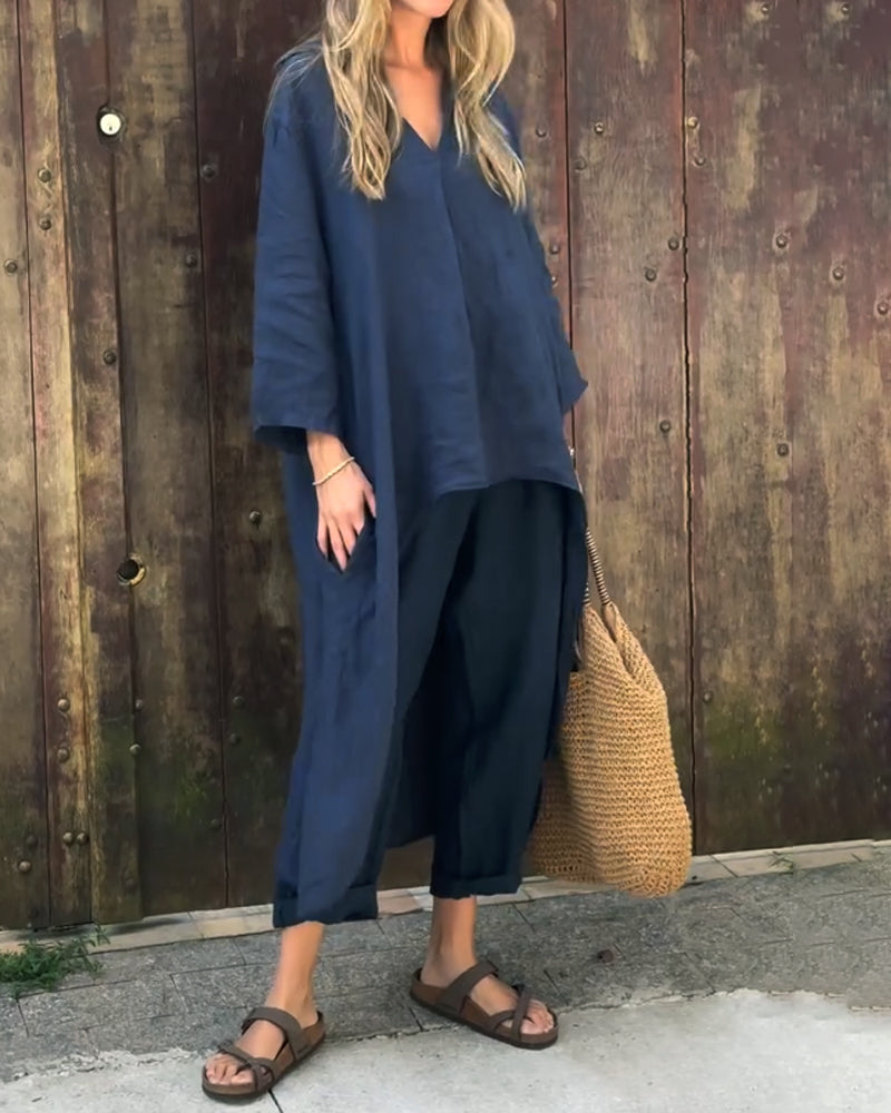 Light beige Florence Lumina Wear relaxed elegance tunic and pant set displayed on a hanger, showcasing comfortable, stylish loungewear.