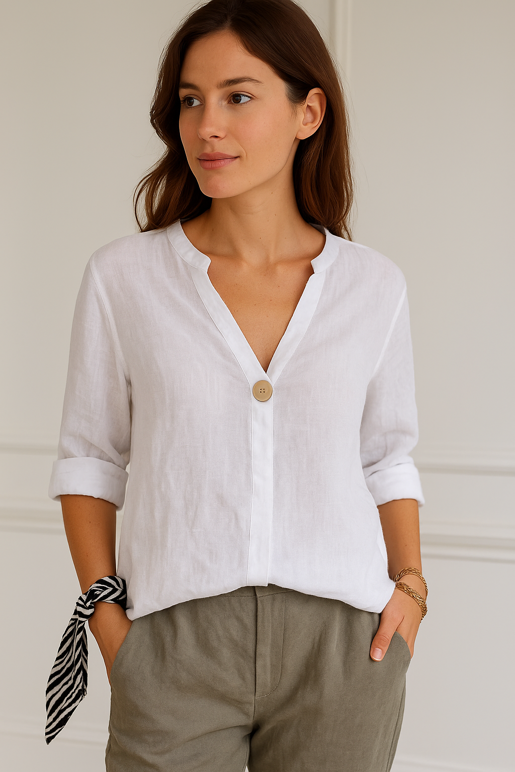 Light blue Gabrielle relaxed fit blouse with button details from Lumina Wear, featuring a casual, comfortable design.