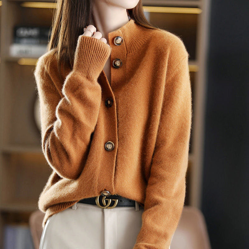 Lumina Wear Giuliana elegant high neck women's cardigan with button details, soft knit sweater for a sophisticated look.