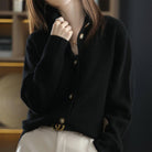 Elegant high-neck women's cardigan with button detail from Lumina Wear, featuring a sophisticated and cozy design.