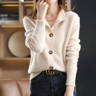 Lumina Wear Giuliana women's high neck cardigan with button details, showcasing elegant knit sweater style.