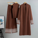Giuliana Lumina Wear embroidered trim three-piece relaxed fit set featuring a top, pants, and matching jacket displayed on a model.
