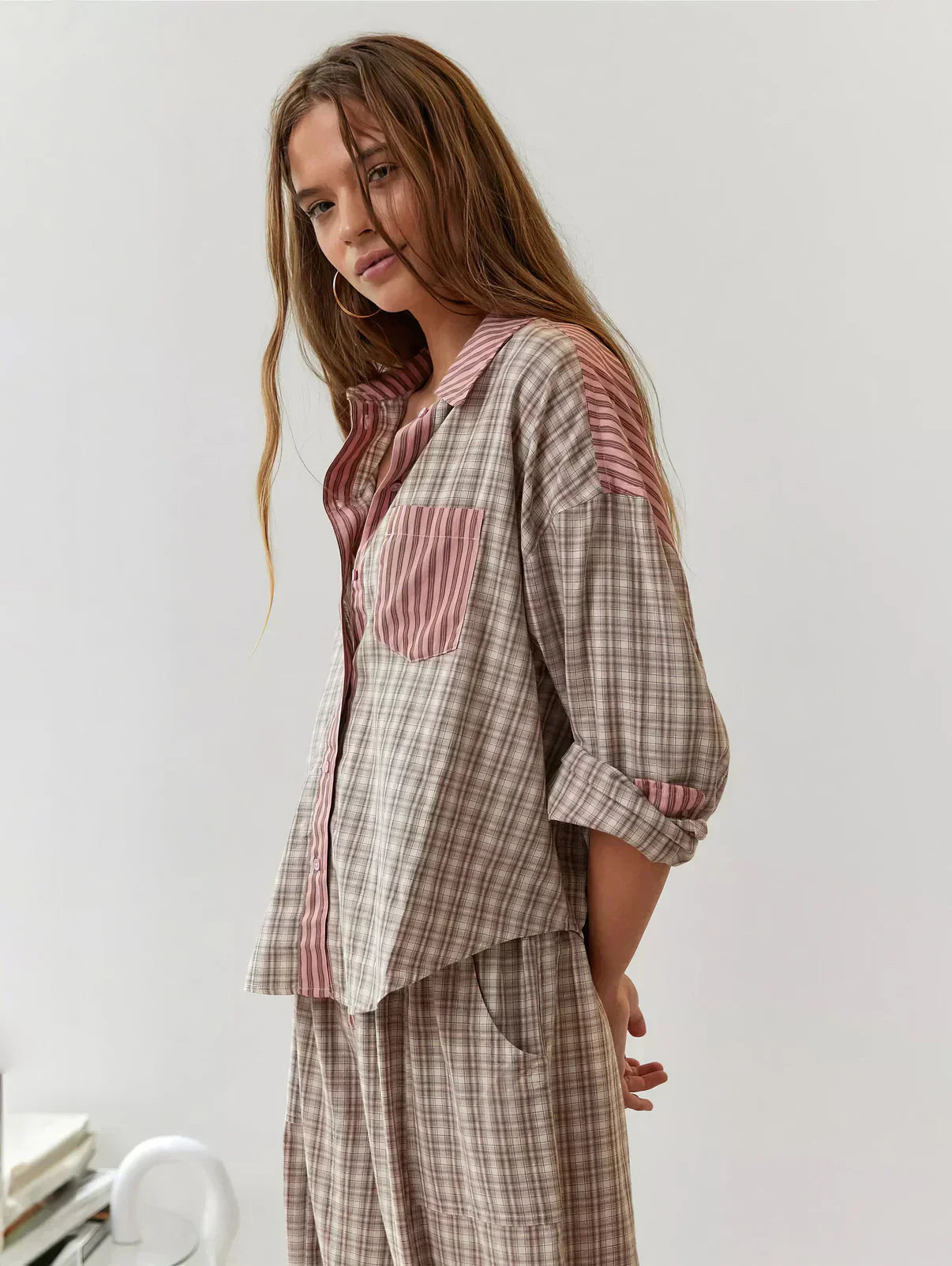 Women's Spring plaid two-piece set by Lumina Wear featuring a stylish coordinated outfit with a relaxed, effortless look.
